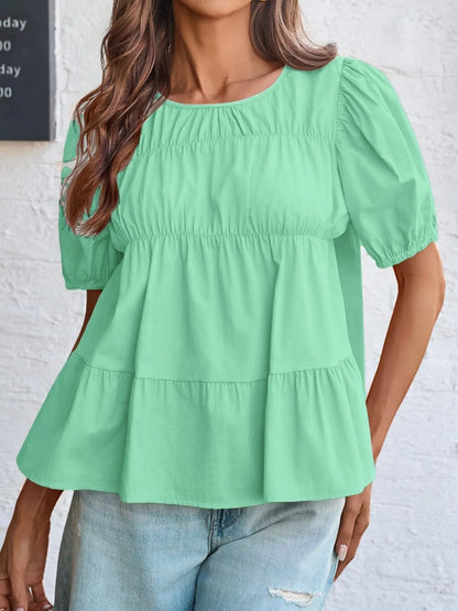 Tiered Round Neck Puff Sleeve Ruched Blouse Green - Fashorio