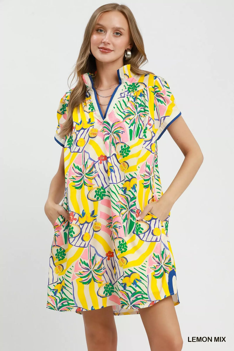 Lemon yellow tropical print collared shift dress front view