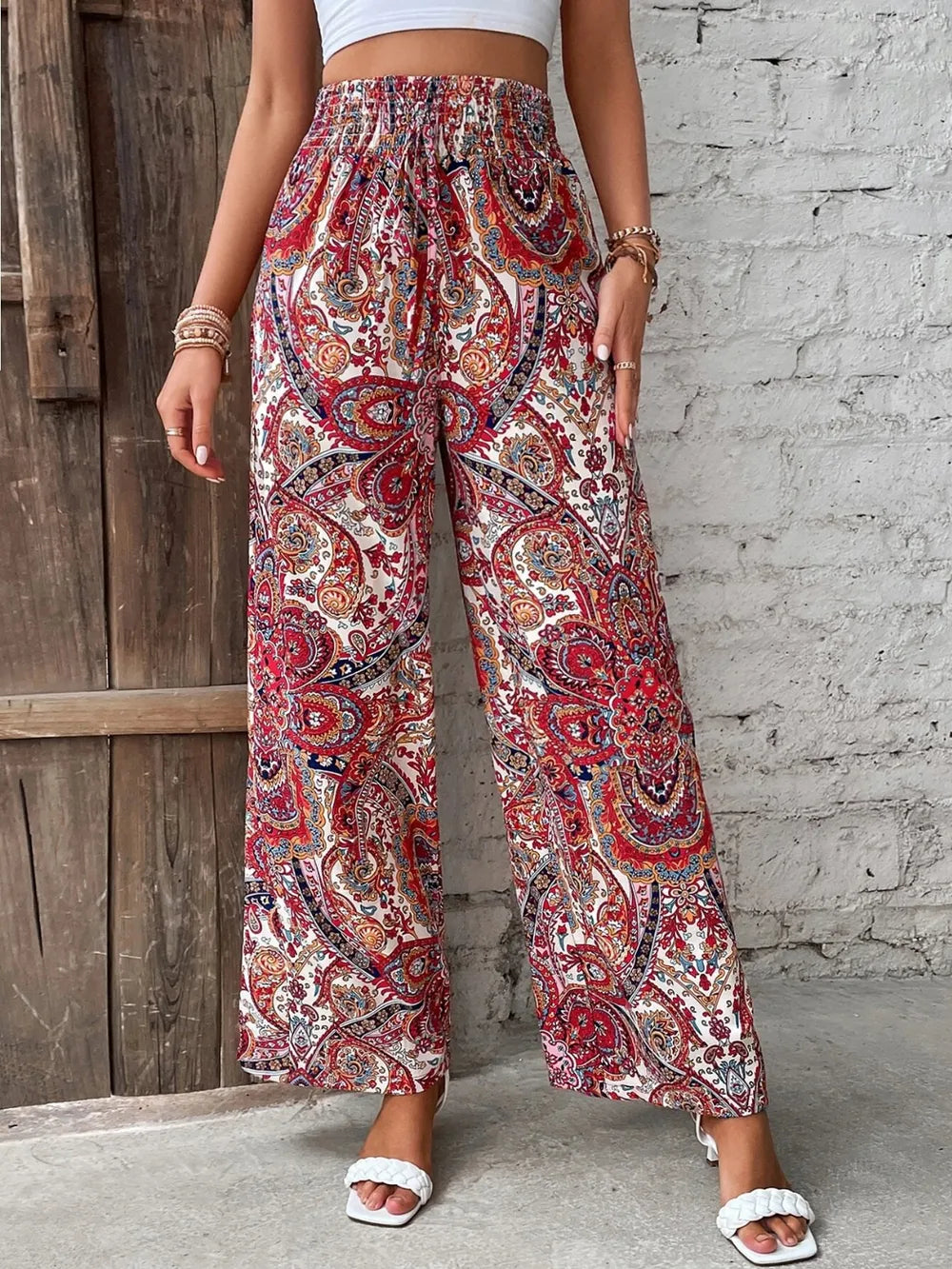 Printed tie waist wide leg pants full outfit view