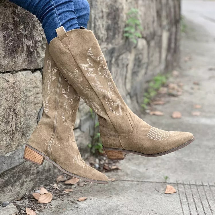 Suede point toe block heel boots three quarter view