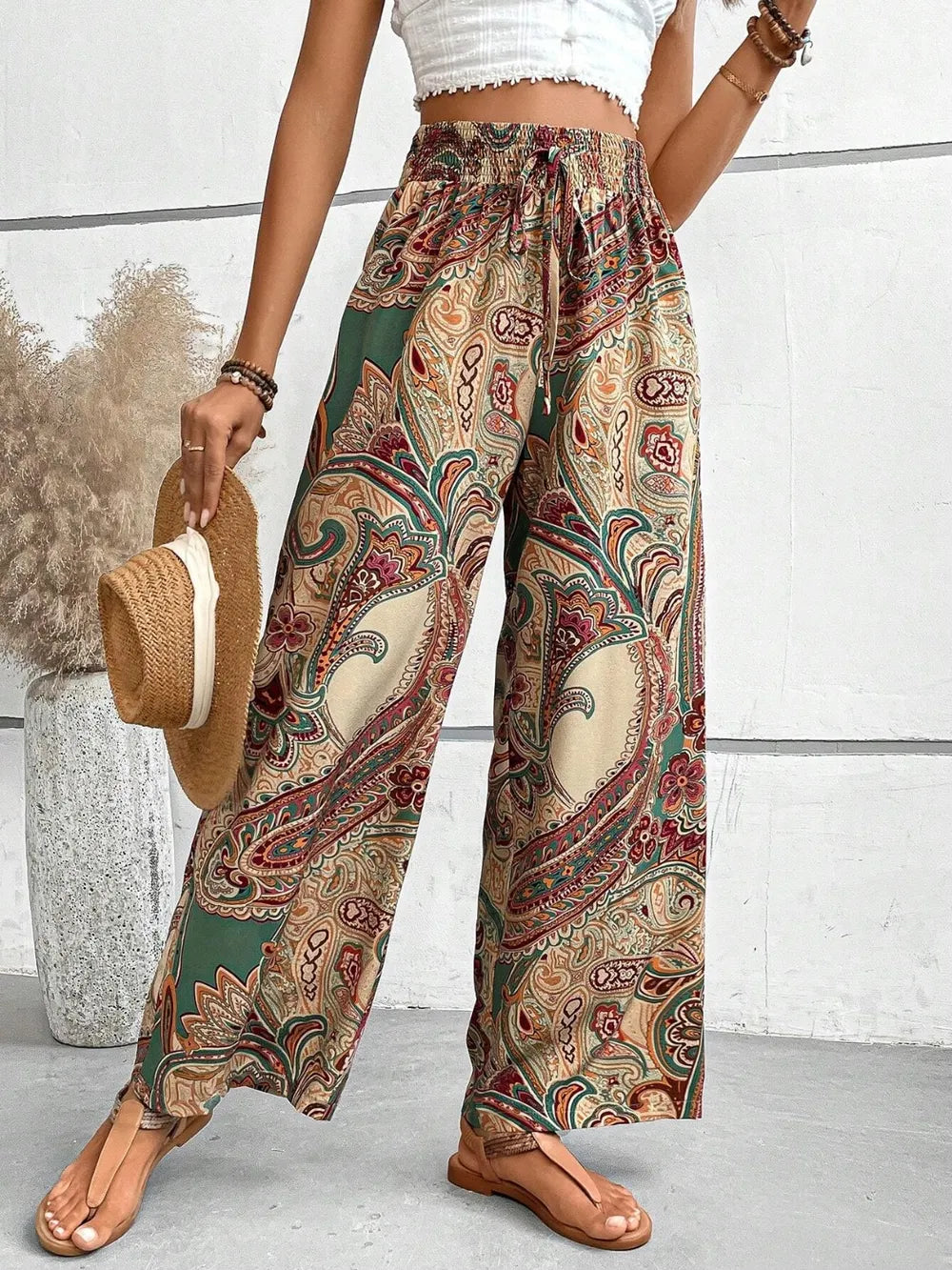 Printed tie waist wide leg pants camel colorway