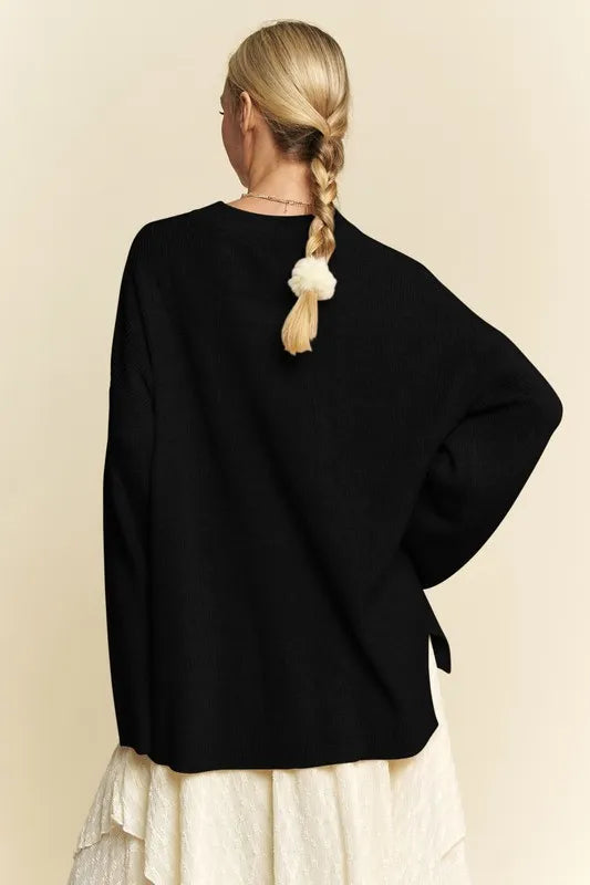 High Low Round Neck Drop Shoulder Sweater in Black side view