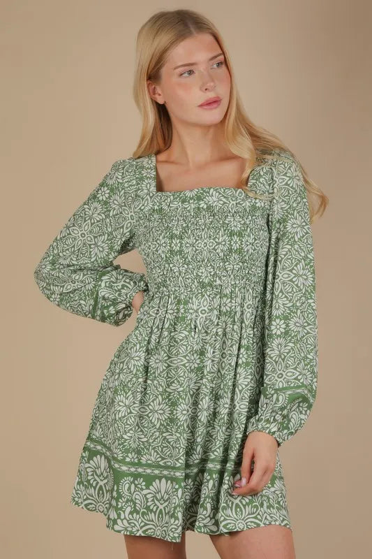 Printed Smocked Chest Boho Mini Dress