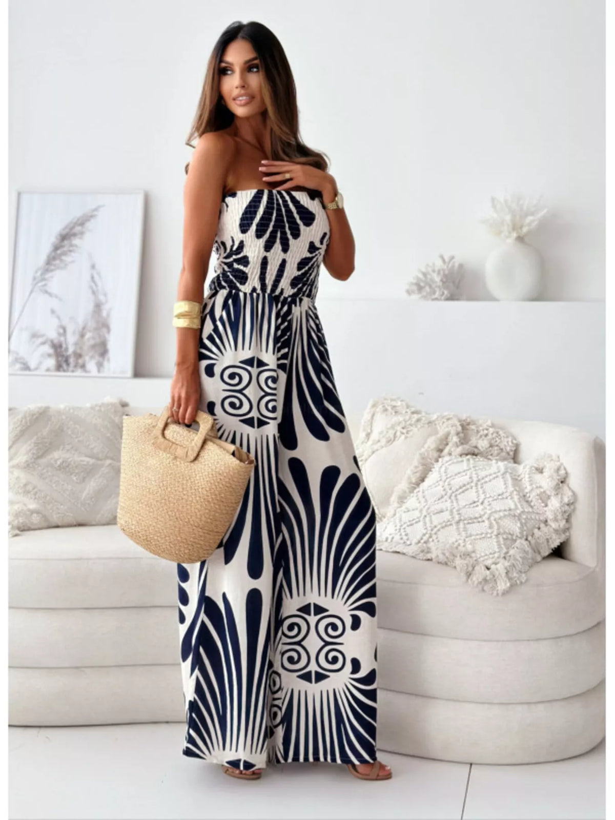 Printed strapless wide leg jumpsuit front view