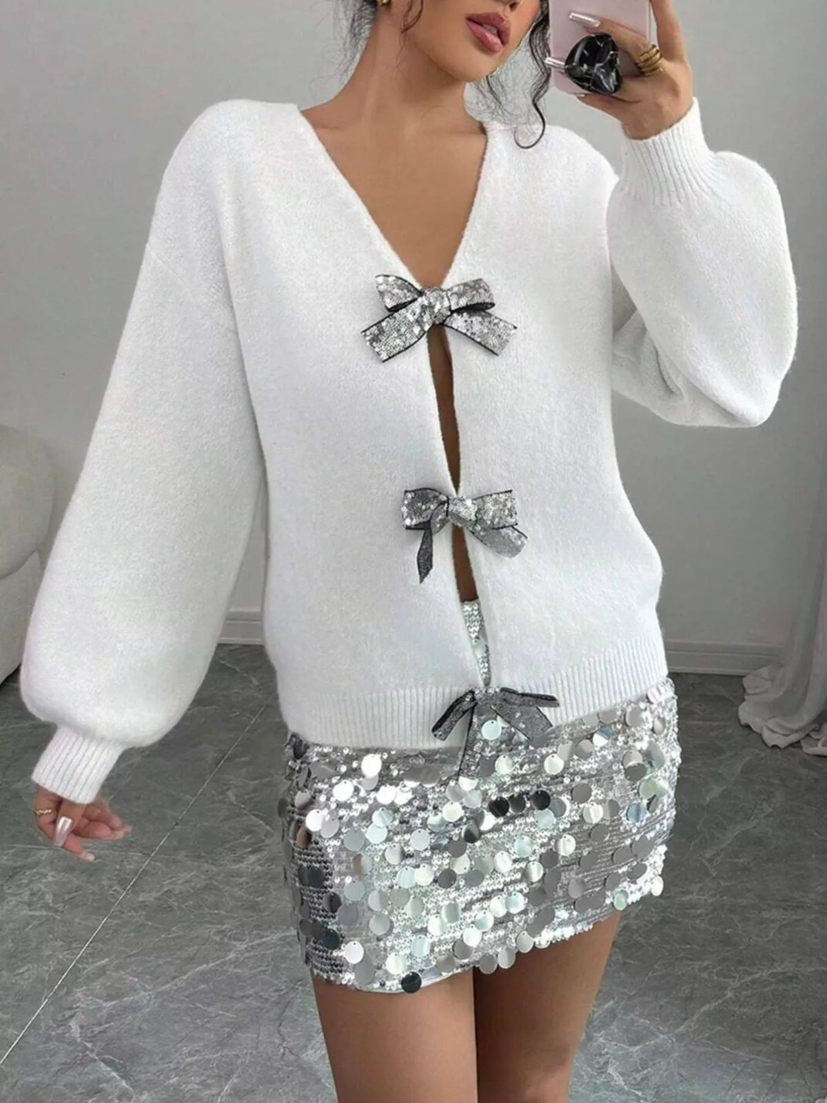 Bow decor dropped shoulder cardigan front
