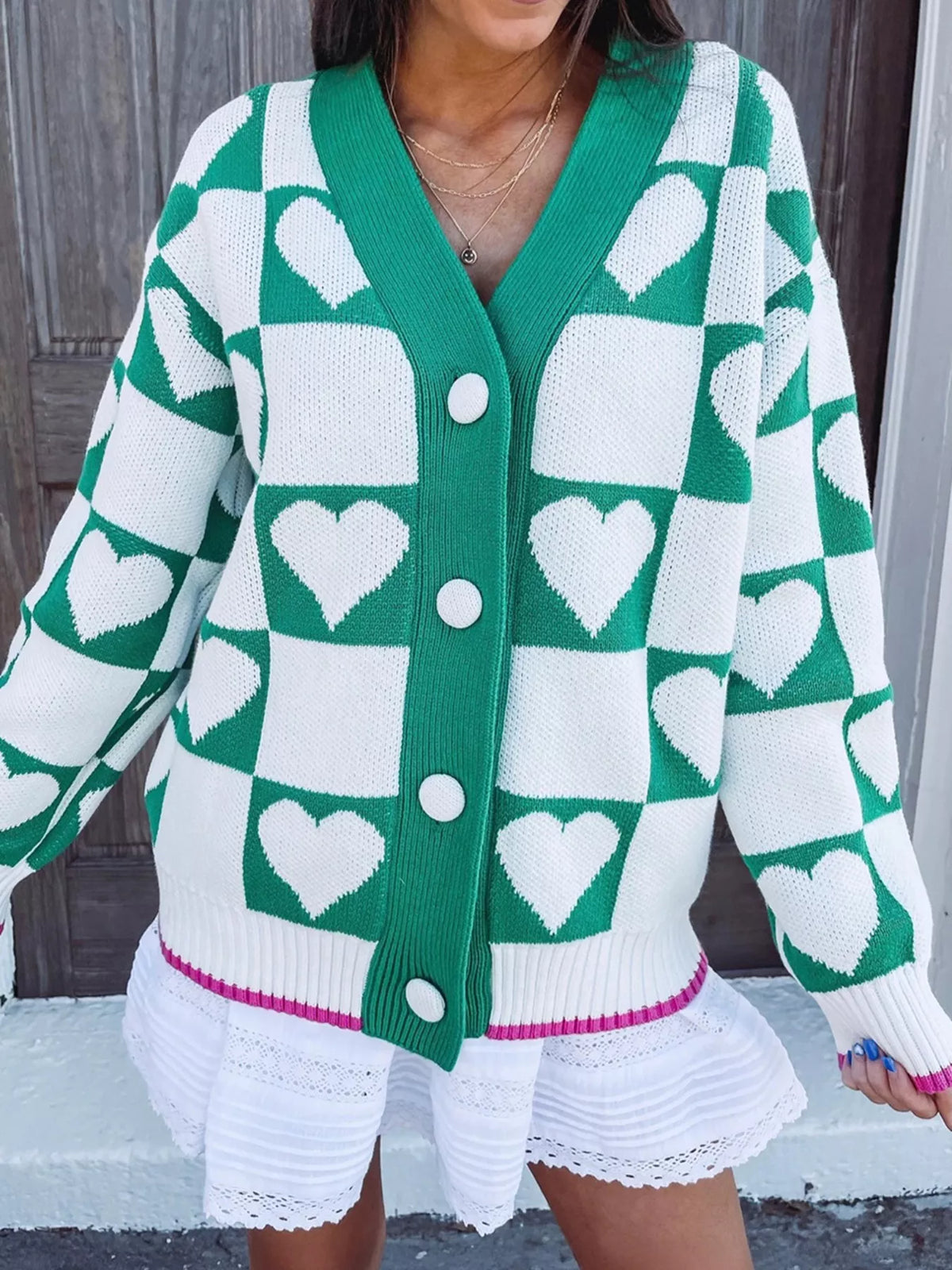 Plaid Heart Knit Button Down Cardigan in Turquoise side view