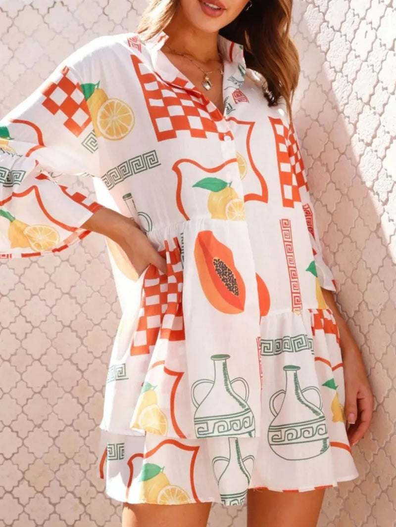 Printed three-quarter sleeve mini dress front view