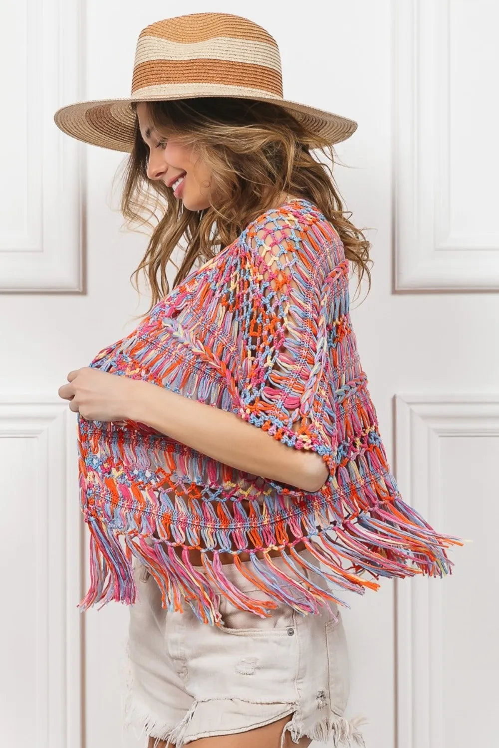 BiBi Open Front Fringed Crop Knit Cardigan - Fashorio