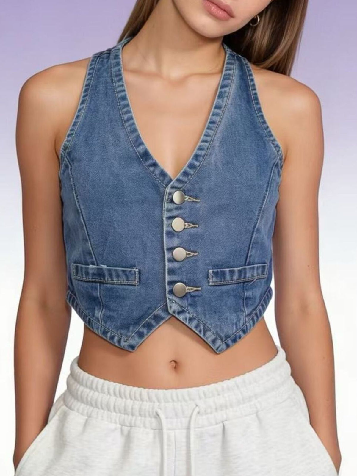 Button Down Denim Vest in Light Blue view 11