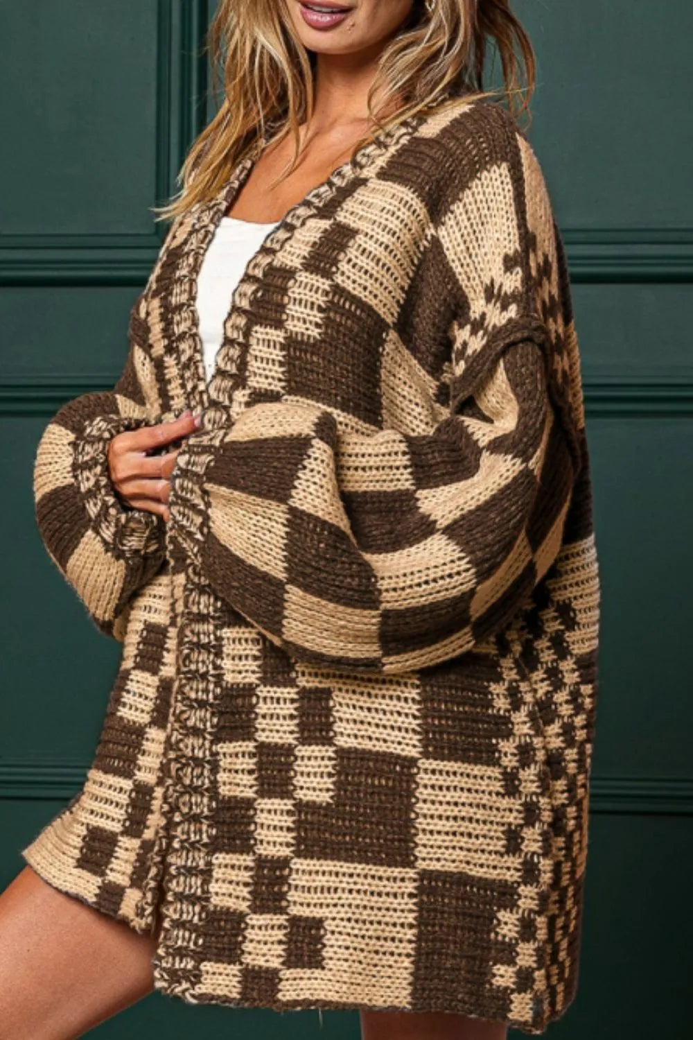 Checkered Open Front Long Sleeve Cardigan - Fashorio