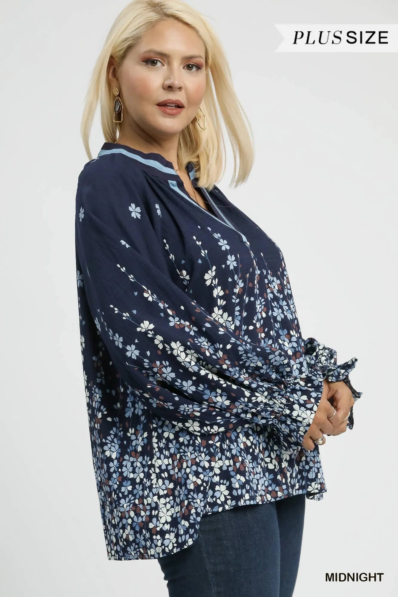 Umgee Full Size Floral Vine Print Blouse with Balloon Sleeves Plus Size - Fashorio