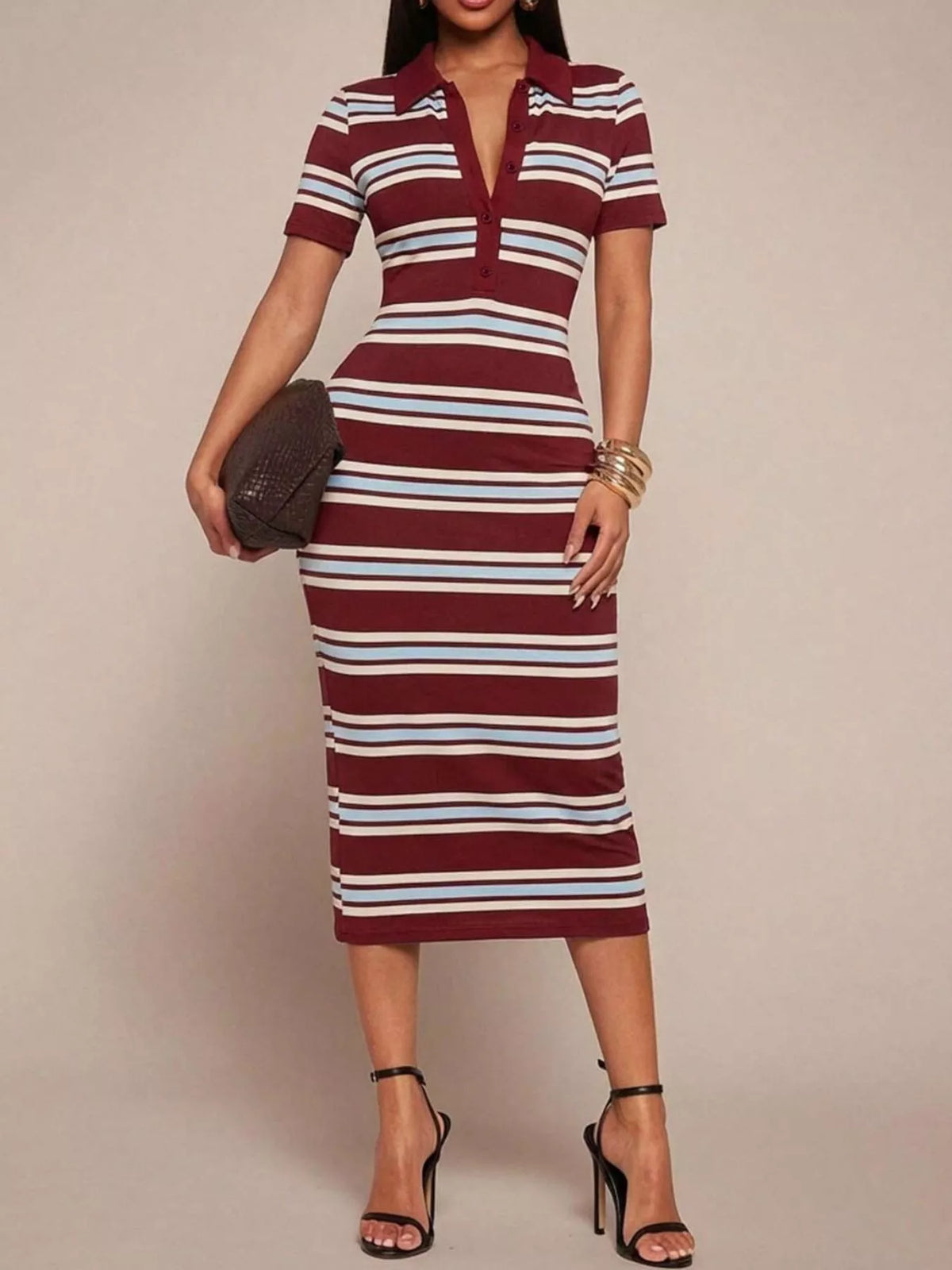 Striped polo collar midi dress back view