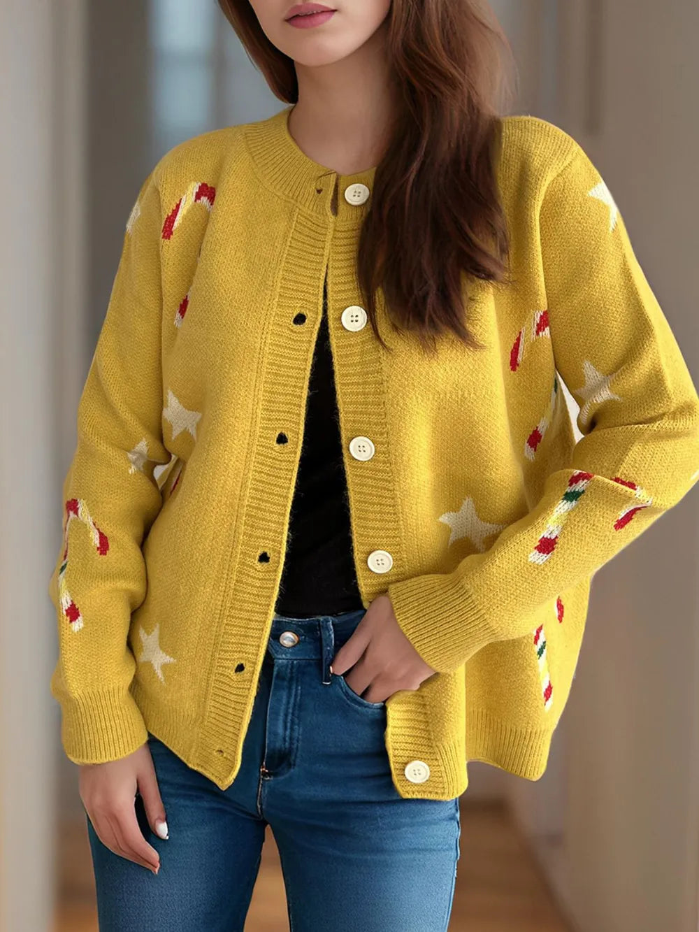 Candy Cane & Star Button Down Long Sleeve Cardigan Mustard One Size - Fashorio