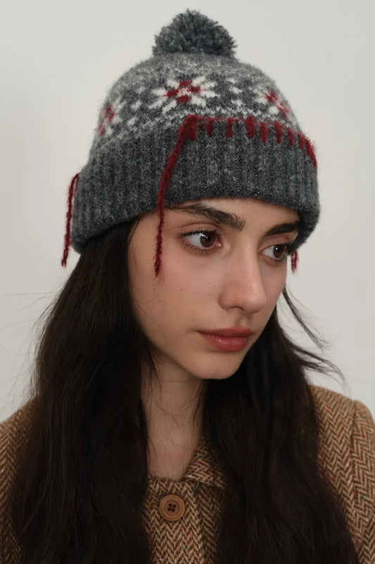 Seam Trim Geometric Knit Hat Dark Gray One Size - Fashorio