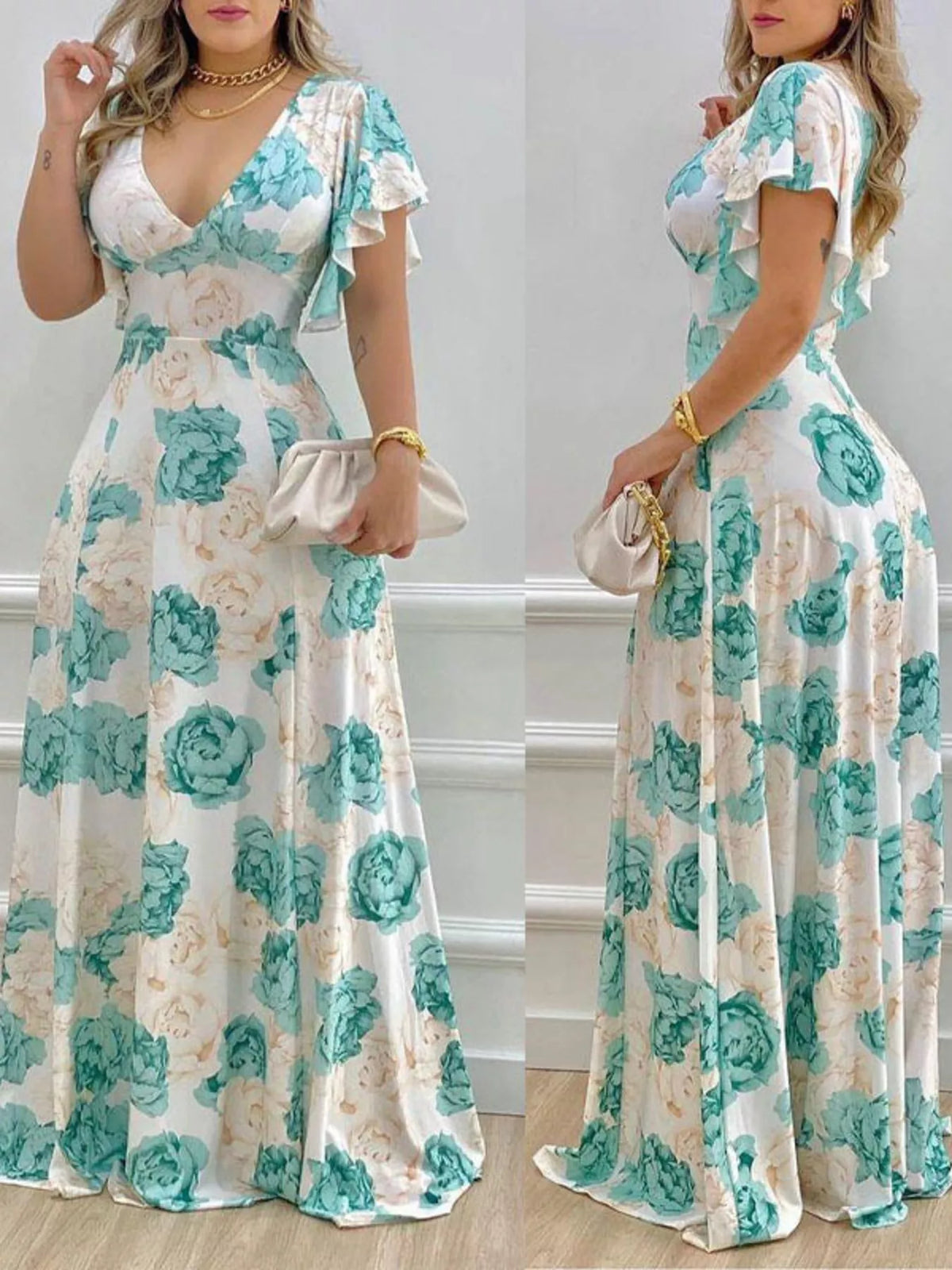 Floral V neck ruffle sleeve maxi dress side view