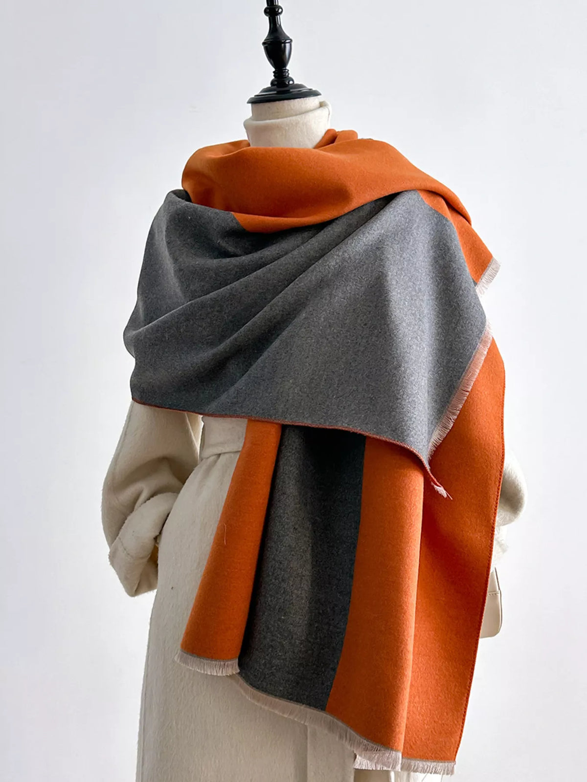 Two-tone scarf styled casually
