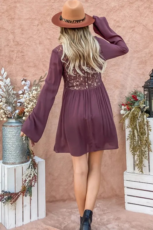 Back Lace Button Down Detail Bell Sleeve Dress close up