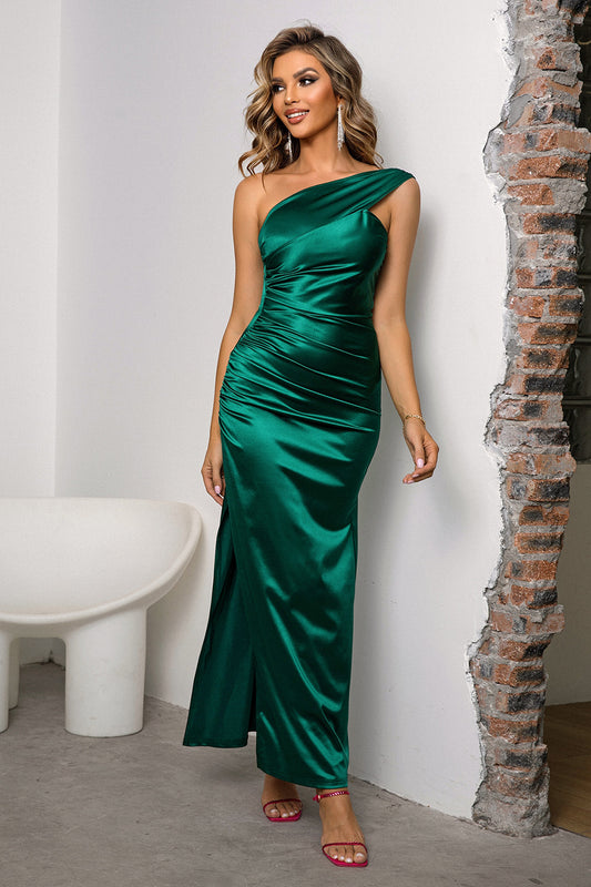 One-Shoulder Ruched Slit Maxi Dress Green - Fashorio