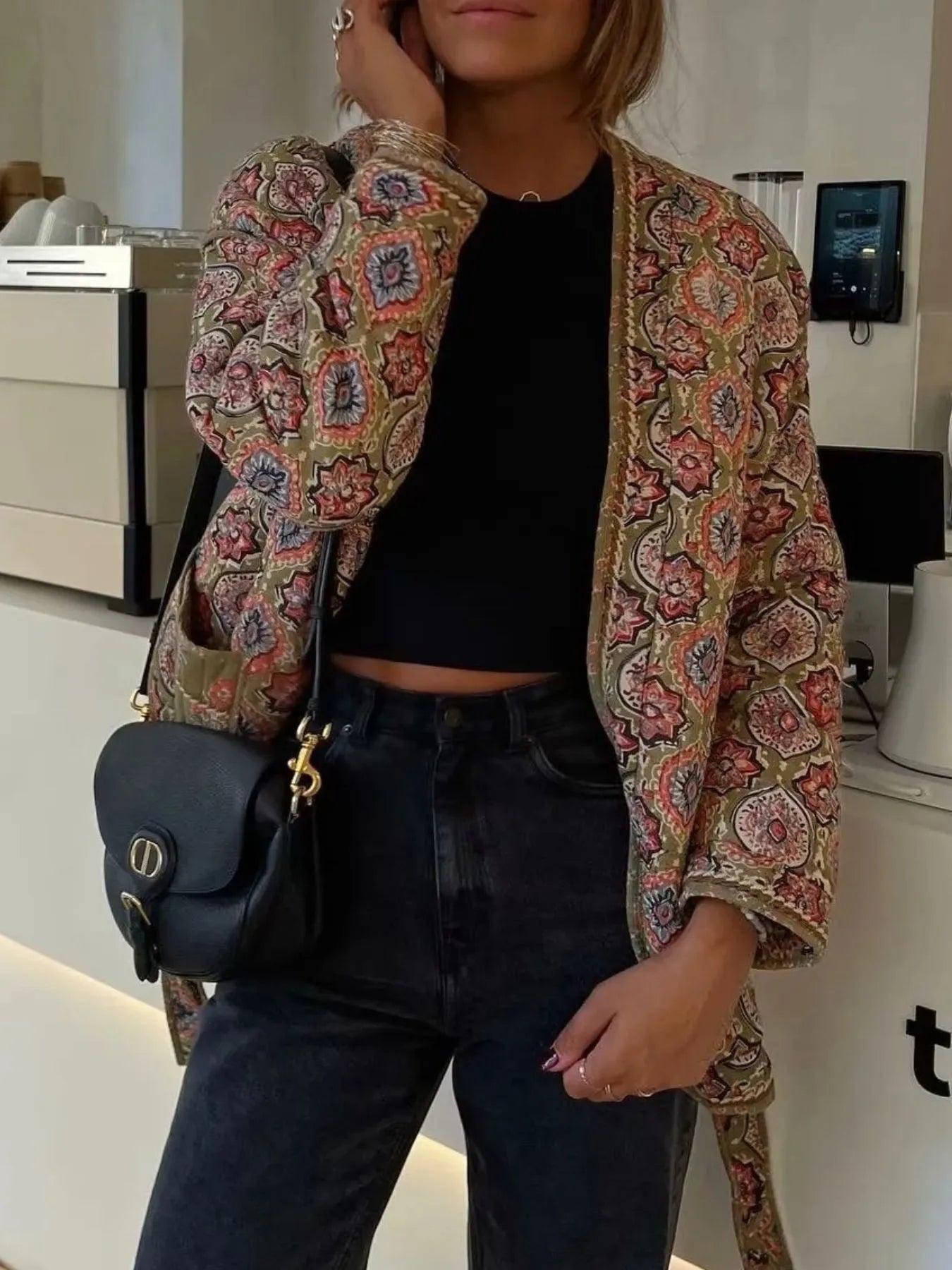 Belted Open Front Floral Winter Coat - Fashorio