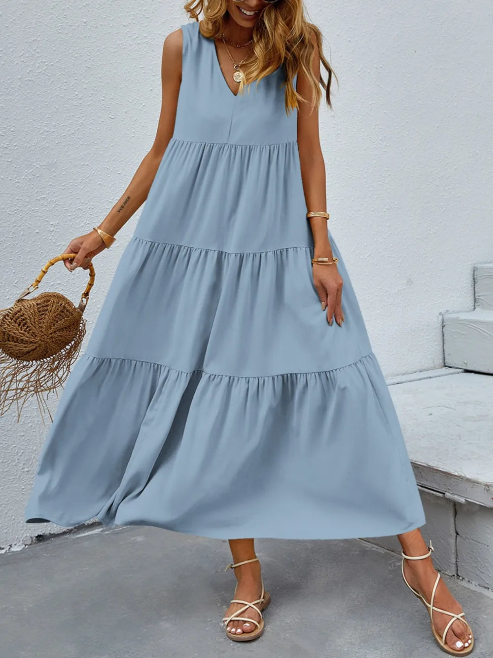 FAM-FAM Tiered V-Neck Sleeveless Dress Light Blue - Fashorio
