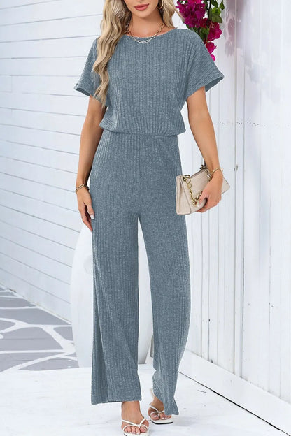 Ribbed Short Sleeve Wide Leg Jumpsuit - Fashorio