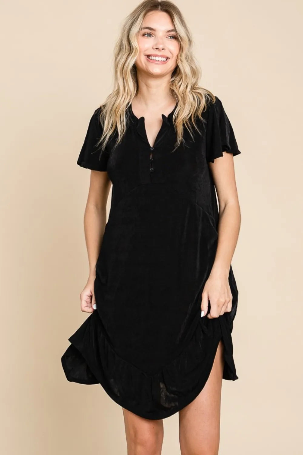Ruffled Asymmetric Hem Dress in Black detail