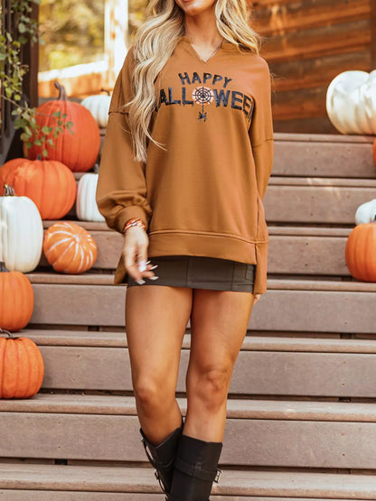 Happy Halloween Graphic Notched Long Sleeve Loose Top - Fashorio