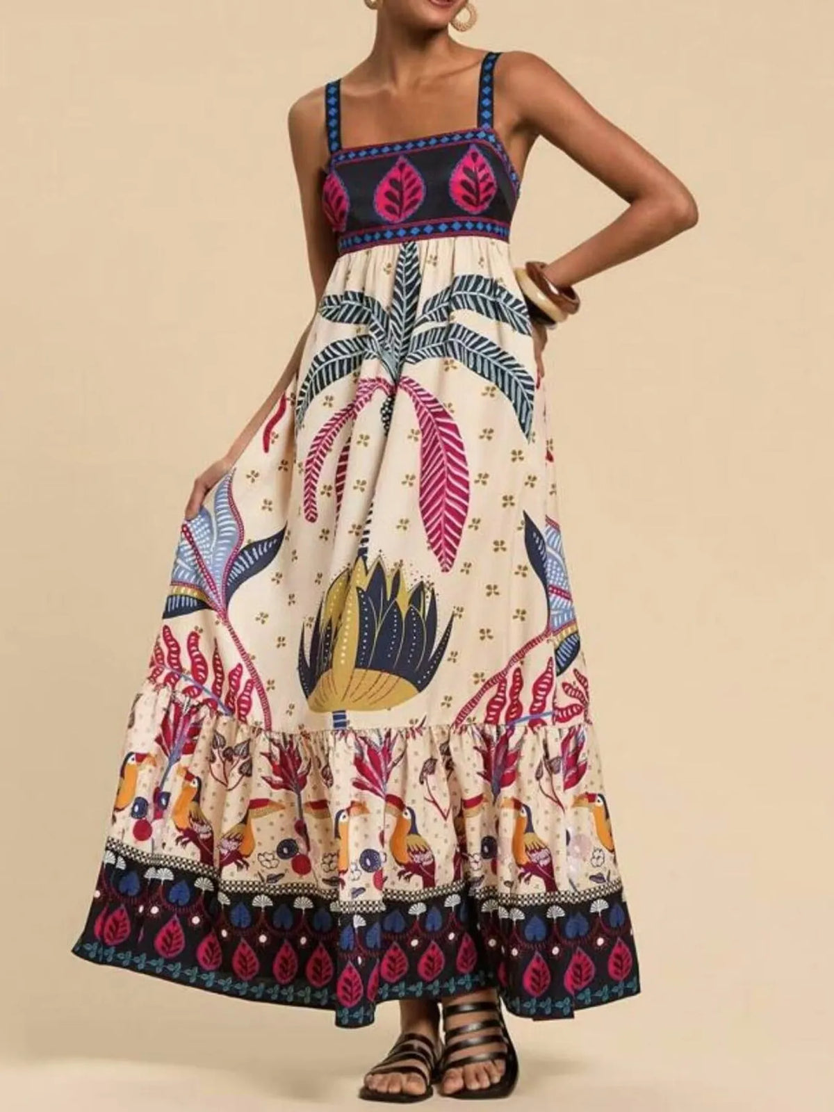 Tropical print maxi cami dress, sleeve and shoulder detail