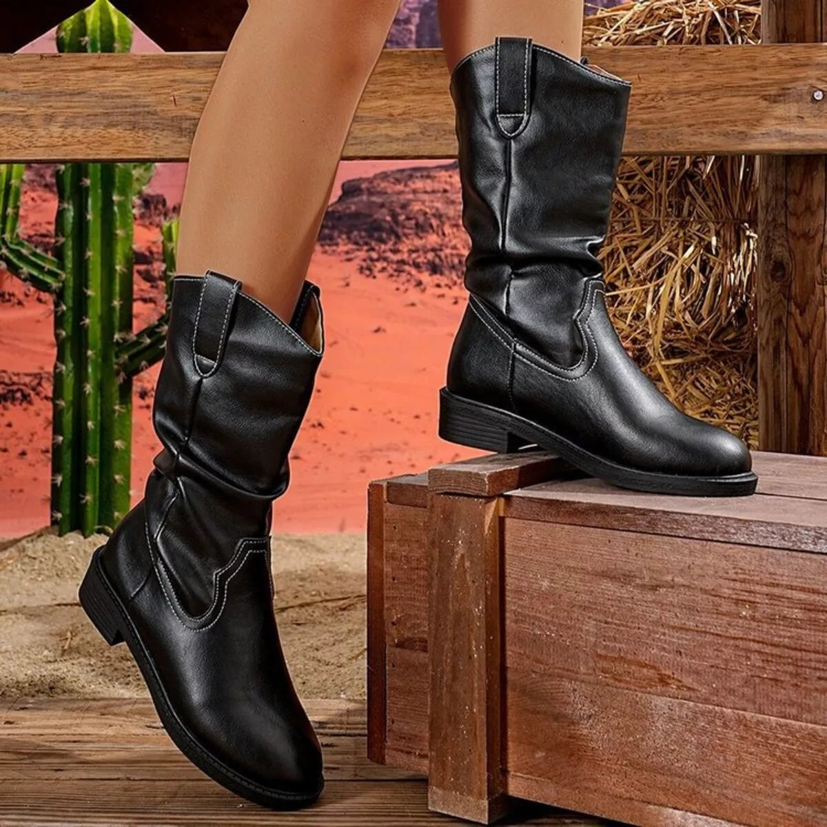 Round toe block heel boots front view