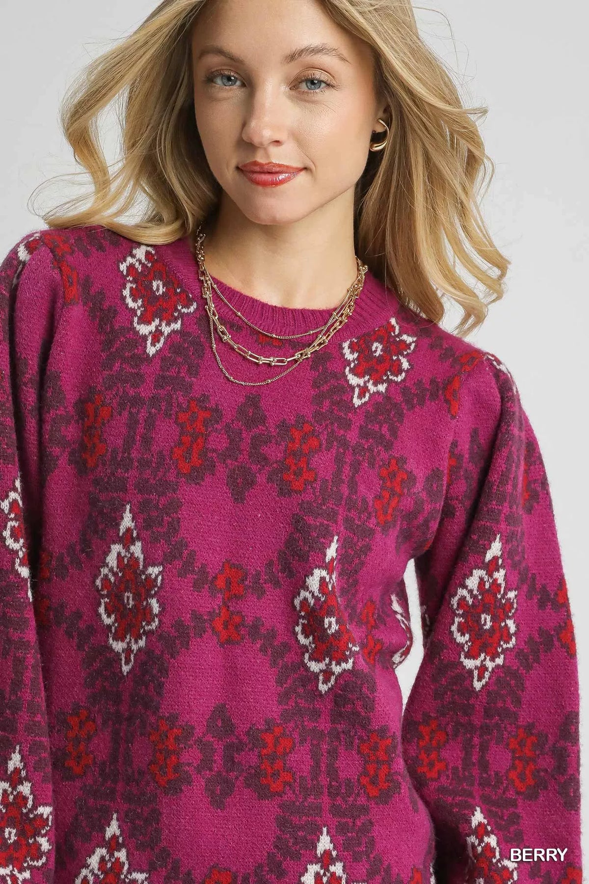 Boho Pattern Long Sleeve Sweater in Berry on model