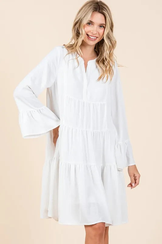 Tiered notched neck flare sleeve dress front view