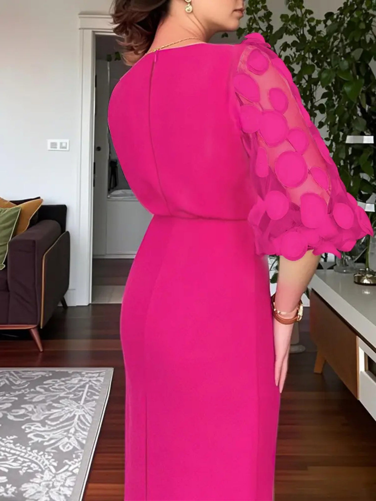 slit sheer sleeve midi dress back view