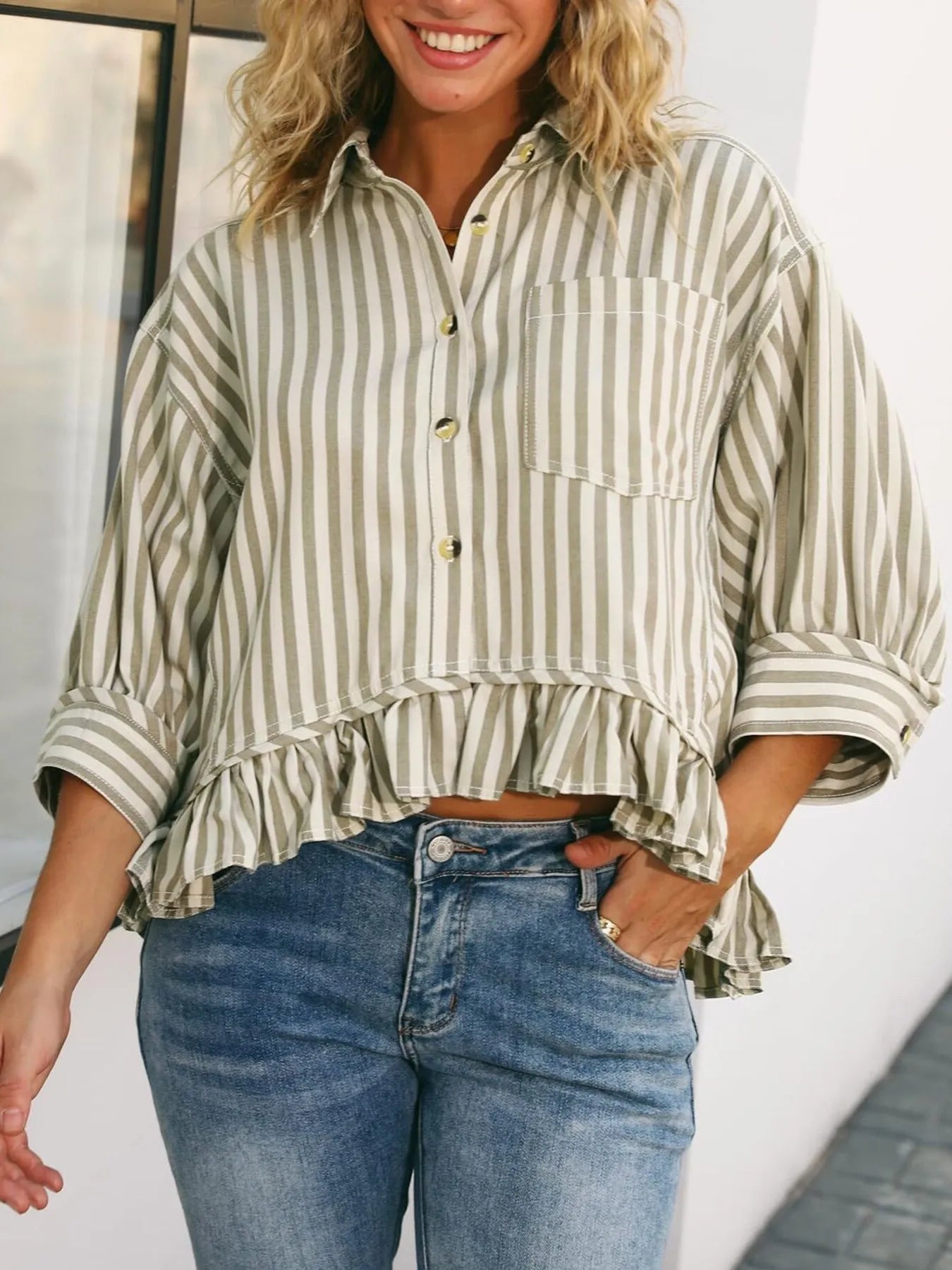 Striped Ruffle Hem Button-Up Shirt - Fashorio