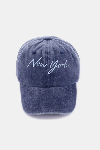 Zenana Washed Embroidered City Baseball Cap New York Navy One Size - Fashorio