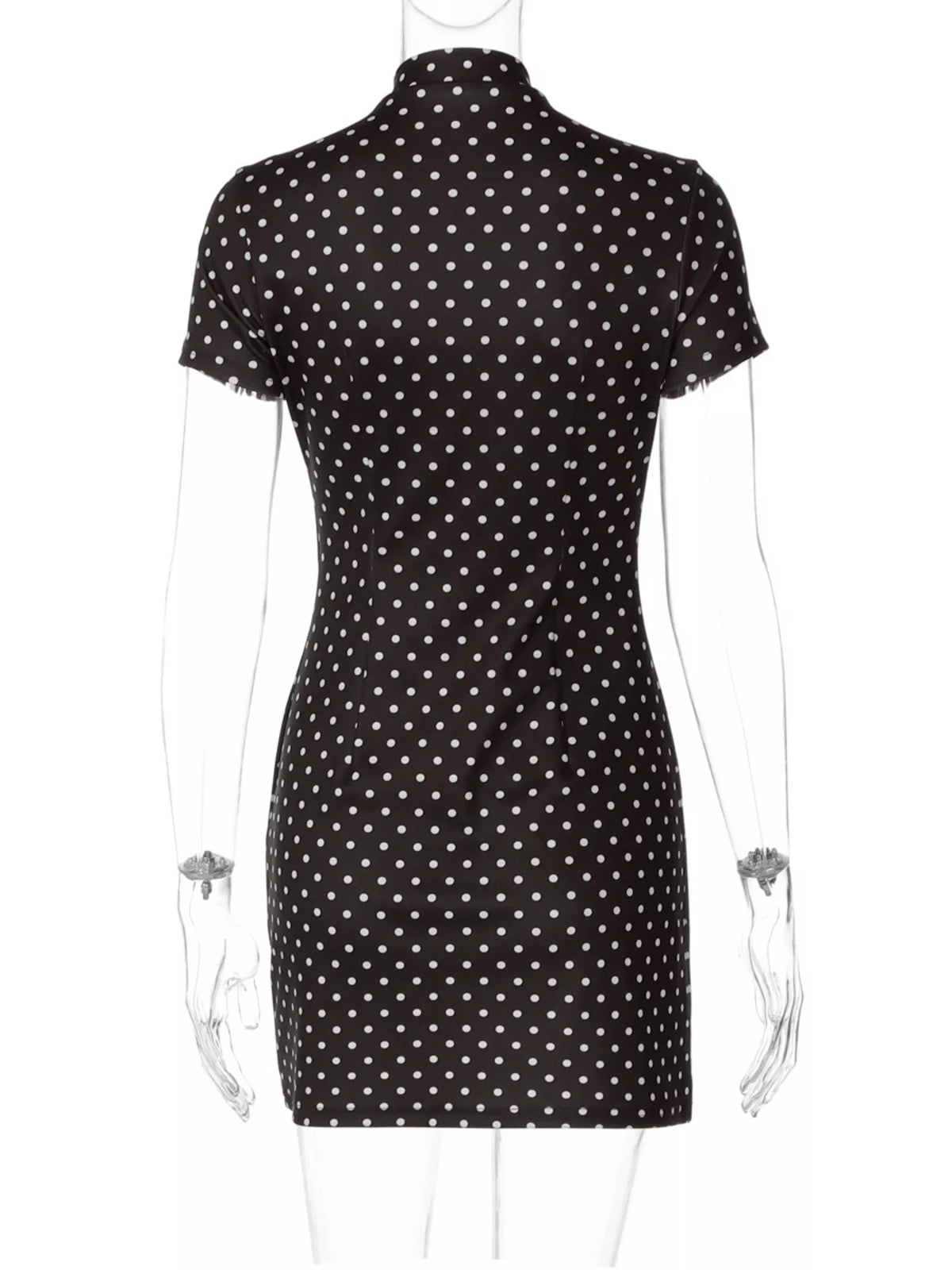 Side view of brown polka dot mini dress