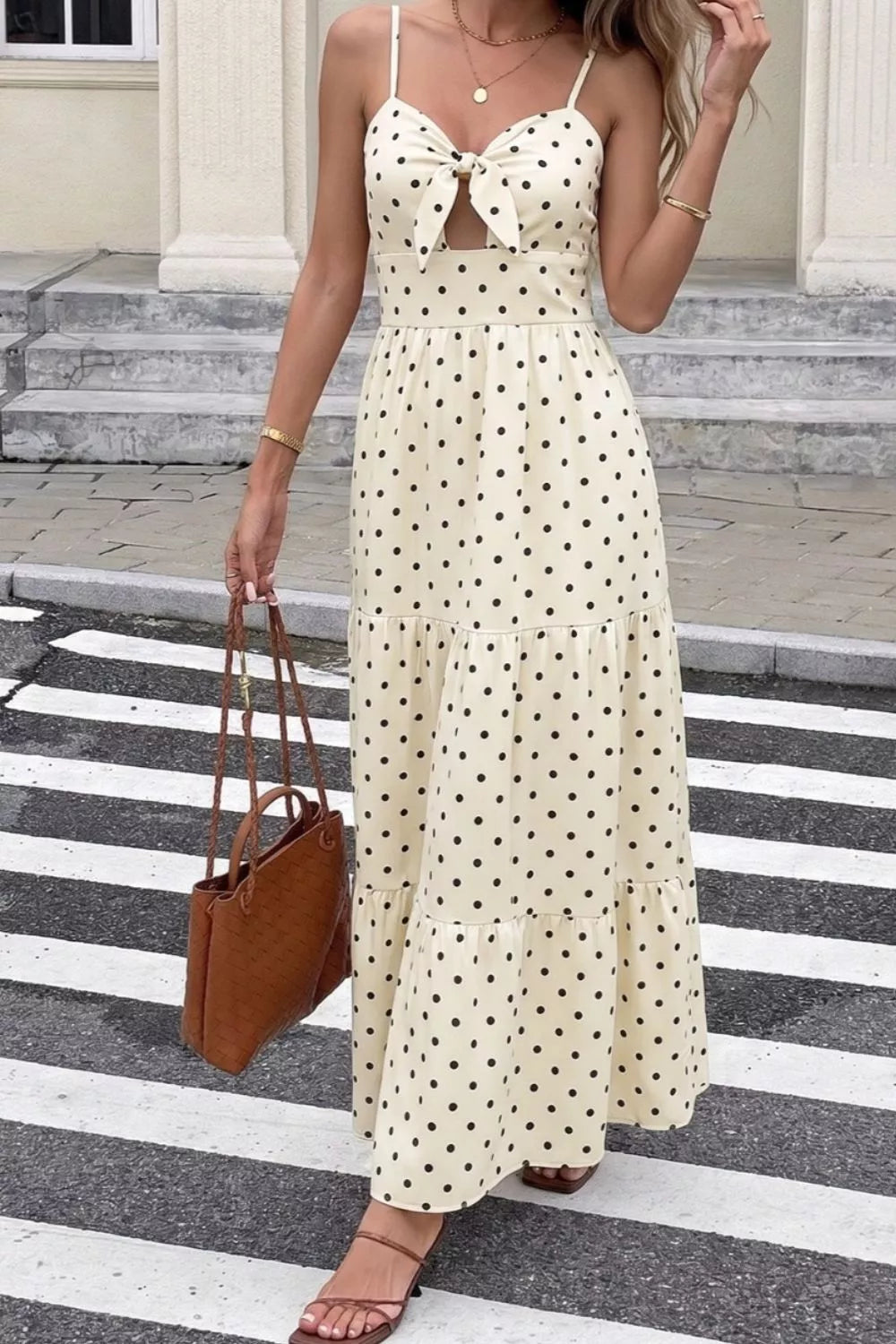 Cream polka dot cutout maxi dress back view