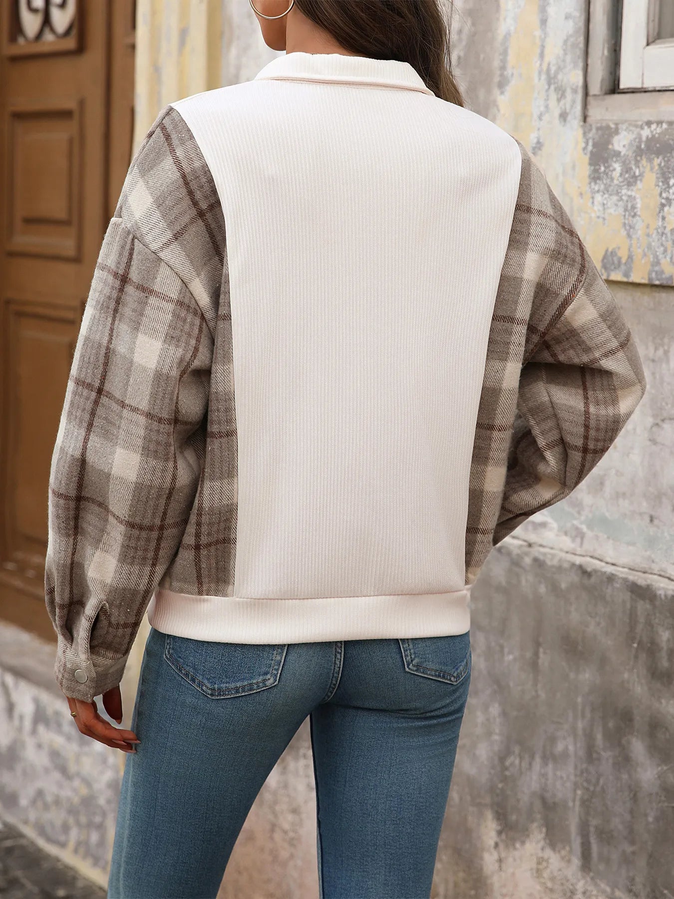 Snap Down Plaid Long Sleeve Sweatshirt - Fashorio