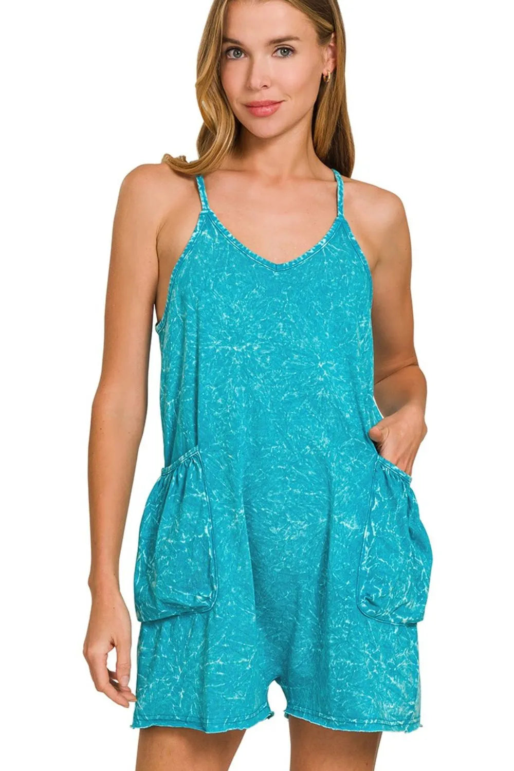 Acid Crinkle Washed Spaghetti Strap Romper