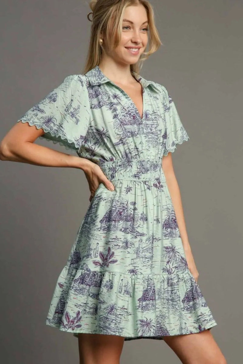 Landscape Print Collared Mini Dress