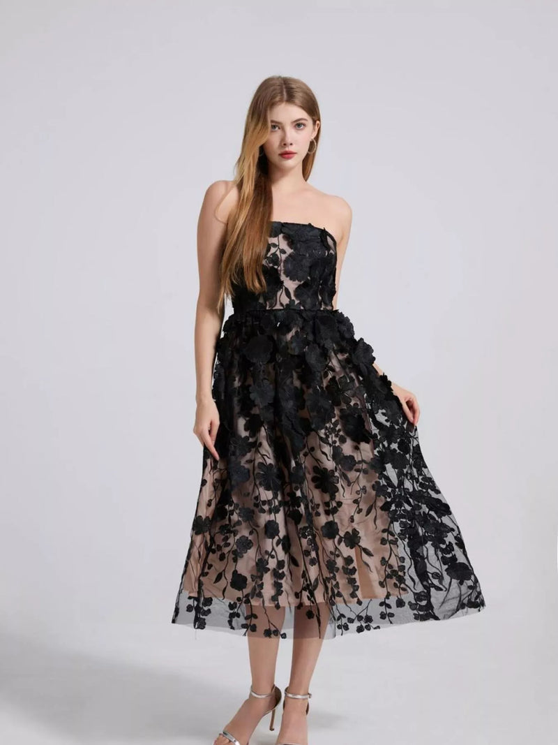 Floral applique strapless midi dress front view in black