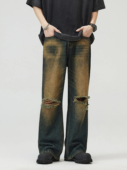 Men's Full Size Washed Distressed Wide Leg Jeans Plus Size - Fashorio