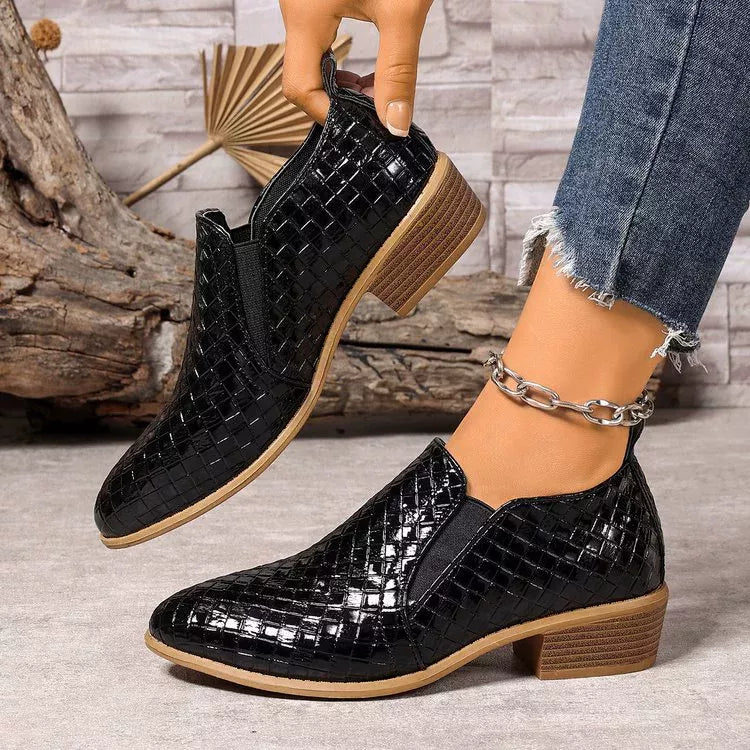 Black point toe block heels ankle boots side profile view