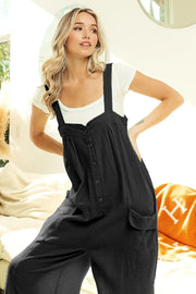 BiBi Gauze Buttoned Up Overall Jumpsuit with Pockets BLACK - Fashorio