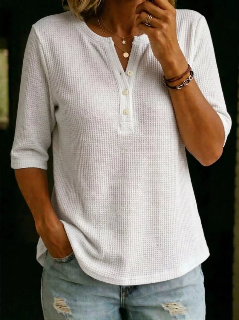 Waffle knit henley tee front view on model