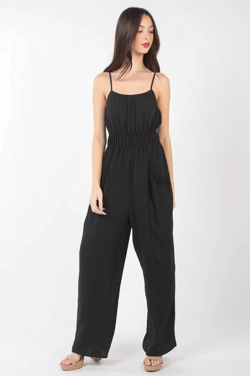 Pintuck Detail Woven Sleeveless Jumpsuit styled look