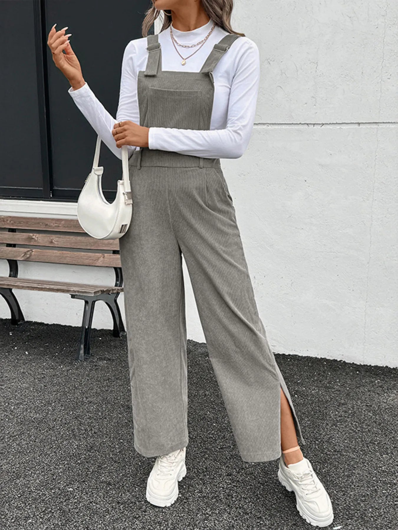 Slit Wide Leg Overalls with Pockets - Fashorio