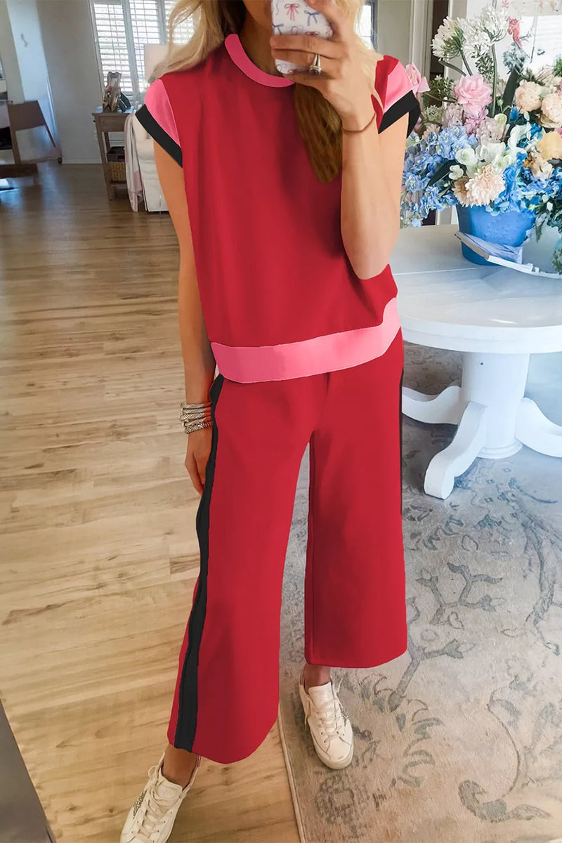 Color block tee and pants two piece set scarlet front view