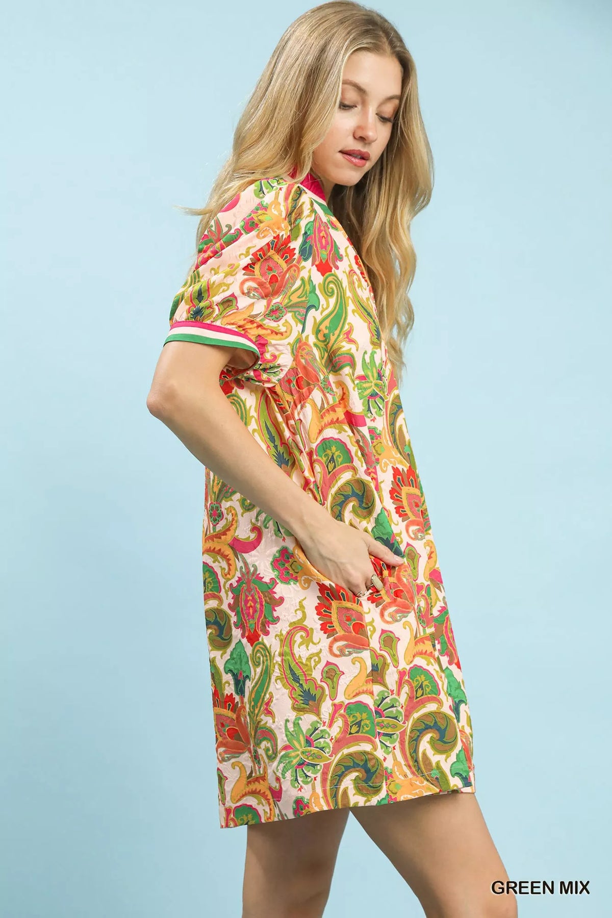 Green jacquard abstract print puff sleeve mini dress side view