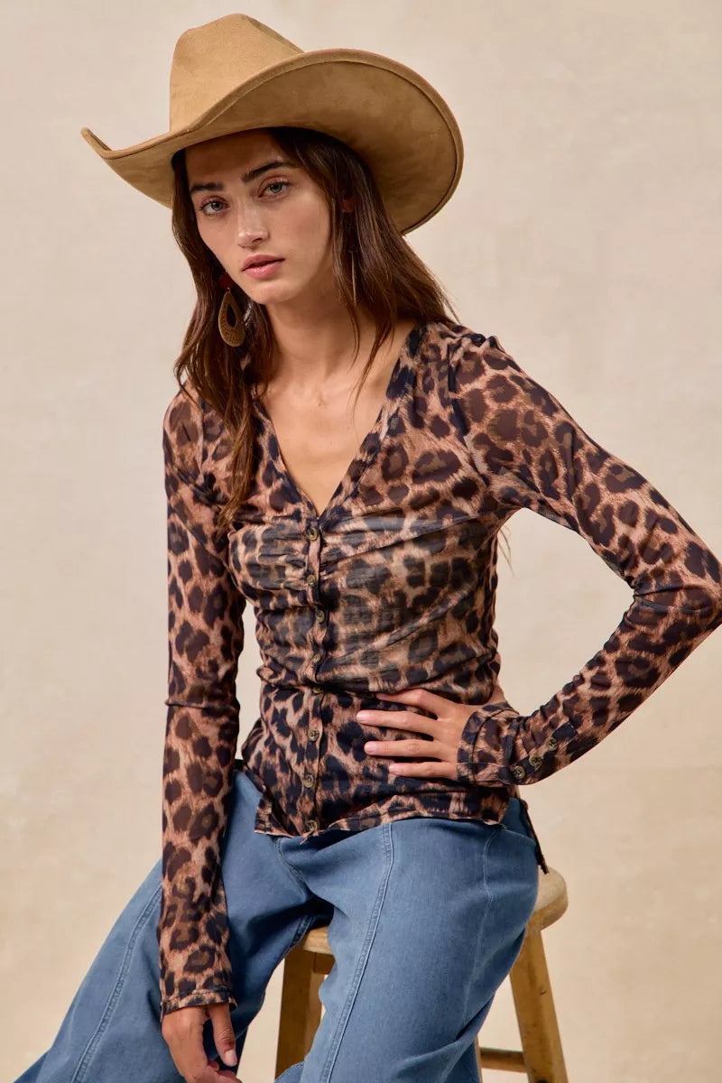 Sheer animal print shirt worn open as a layer