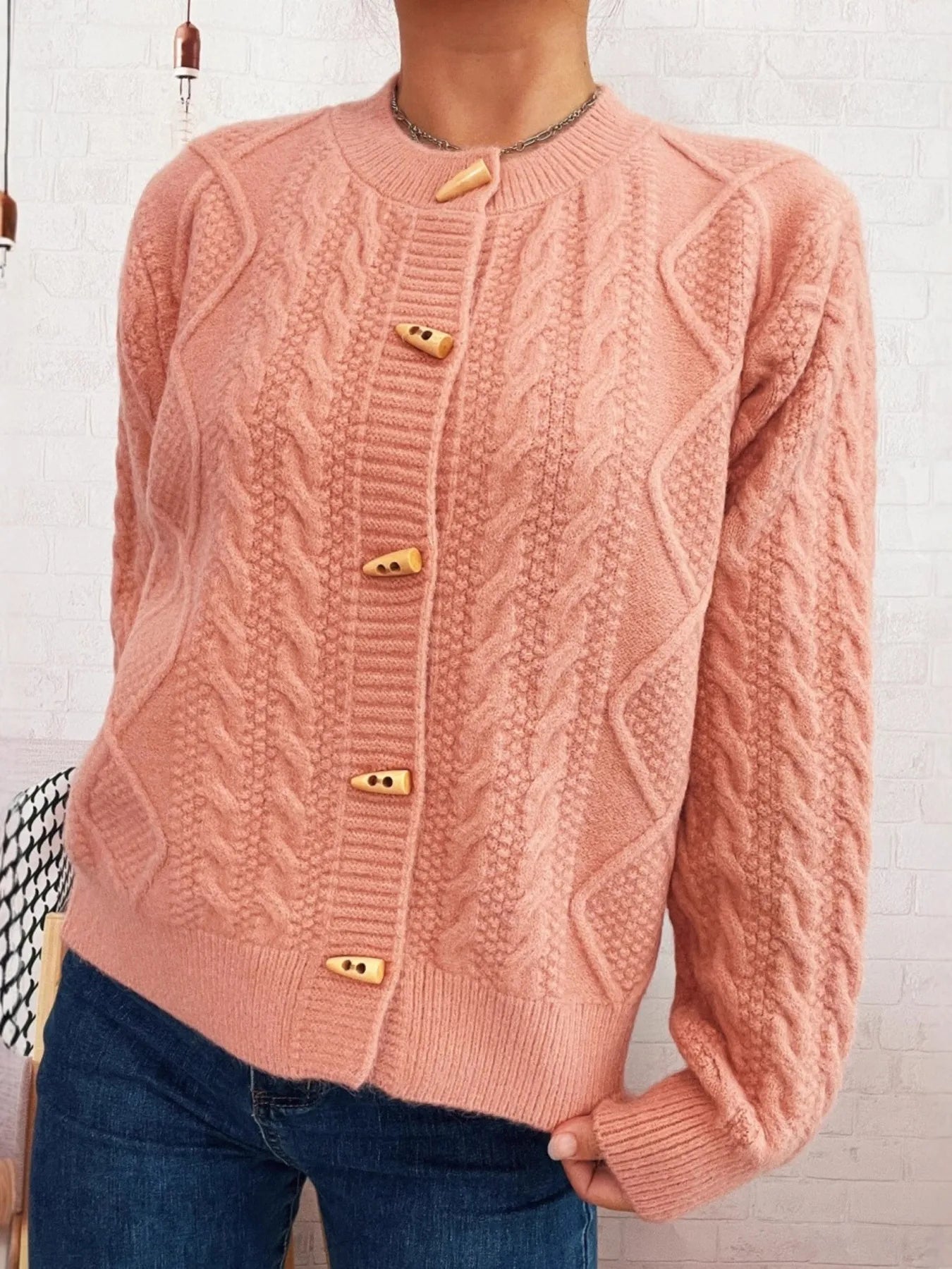 Cable Knit Button-Up Cardigan Pink One Size - Fashorio